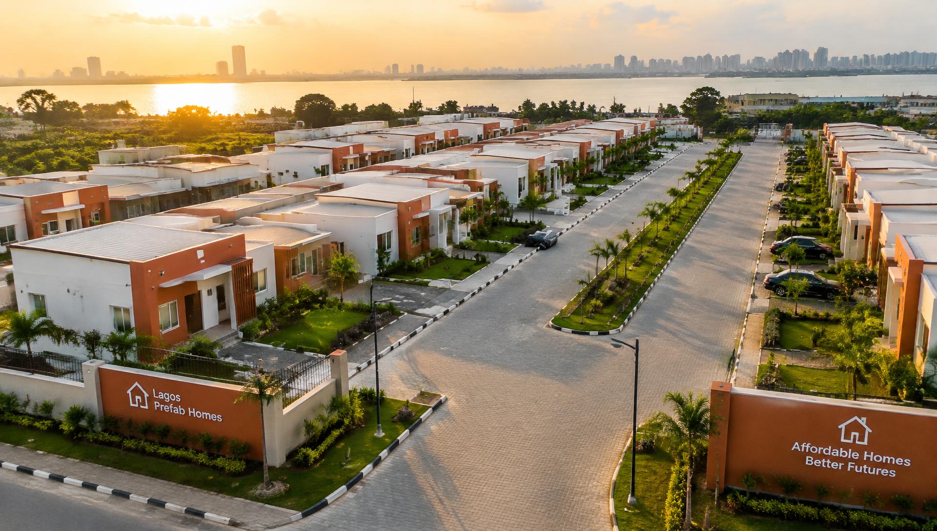 Aerial view of a Seraphshome prefab housing estate at sunset